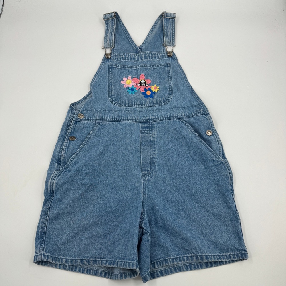Big Dogs Denim Shortalls Womens Medium Blue Floral Dog Embroidered Vintage 90s